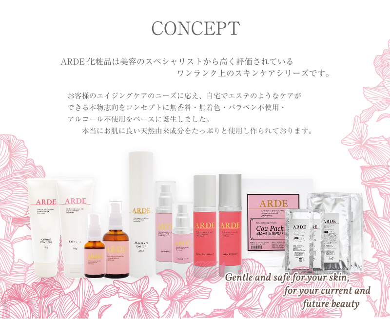 商品名「ARDE(アーデ)」は、お客様が望む<エイジングケア・本物・本当に必要な成分を肌の奥まで・プロの使う良質な成分のを実現するという気持ちを込めて、その頭文字から「ARDE」、を掛け合わせた造語を元に命名したものです。是非ご自宅でサロン品質をご実感ください。